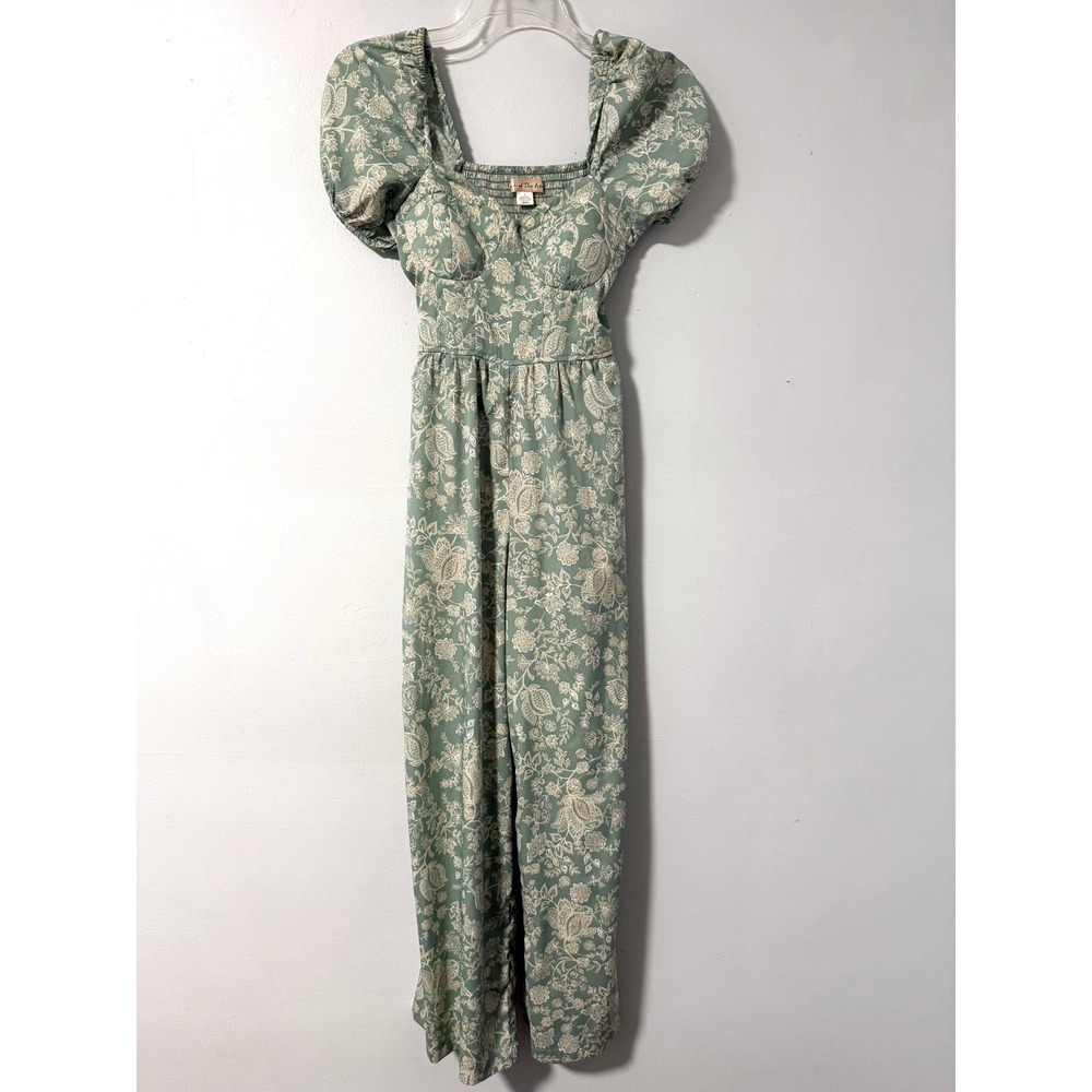 Band of the Free Sage Ivory Floral Puff Sleeve Wide Leg Jumpsuit‎ S